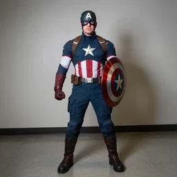 ed grimly cosplaying as captain america, helmetless, dragoncon, flash photography, wide angle, full length, 3 5 mm, f / 2. 8