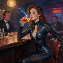 a painting of a female wearing a latex suit drunk in a bar. by randolph hewton and edward robert hughes. trending on artstation, highly detailed, volumetric lightning, cinematic lightning
