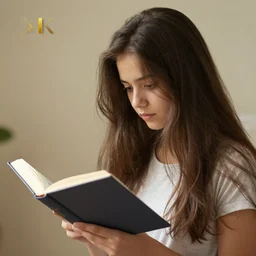 photograph of a girl reading book, her hair flowing down. Extremely detailed. 8k