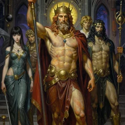 realistic detailed image of Zeus, Gaia, Kronos, by Ayami Kojima, Amano, Karol Bak, Greg Hildebrandt, and Mark Brooks, Neo-Gothic, rich deep colors. Beksinski painting, part by Adrian Ghenie and Gerhard Richter. art by Takato Yamamoto. masterpiece
