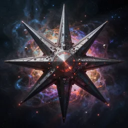 dark art, twelve point star space fortress, glowing, skulls, multicolored gassy nebula, hyperdetailed, hyperrealistic, digital art, artstation, cinematic, concept art, 4k, 8k