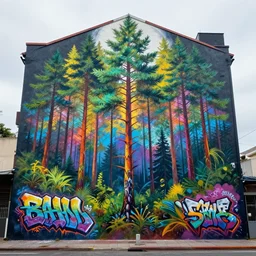 rainbow pine tree forest as a graffiti mural by lee, masterpiece, cinematic, trending on artstation