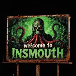 rusty vintage road billboard welcom to insmouth, horror, dark, green and black colors, dark plain background, lovecraft red tentacles, giger, by greg rutkovski