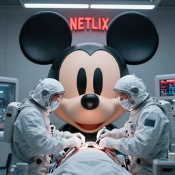 futuristic mechanic surgeons with astronaut helmets on their heads operating on huge mickey mouse doll head red netflix neon office sign in background, in private care garage, beeple!!, minimal, movie still, dystopian