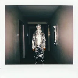polaroid, men wrapped in aluminum foil, dimly lit hallway