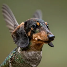 a hummingbird with the head of a dachshund, beautiful detail, award winning photo