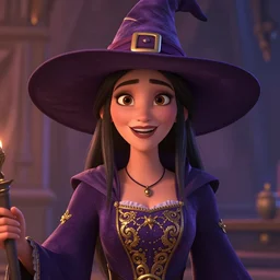 3 d rendering of a witch, dressed in purple, with gold embroidery, in the style of pixar.
