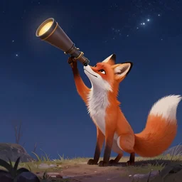furry fox looking up at the night sky with a telescope, fantasy, concept art