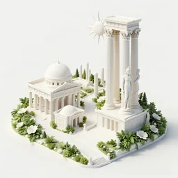 azimuth matte painting of a road of Atlantis town in the hill grec greeble temple olymp glory in sun shaft zeus tower statue pantheon ivy plant grow flower in white marble gold incrusted of legends adn red flag dynasty by Frank Lloyd Wright and Zaha Hadid torch volume light stylized 3d rim light, masterpiece, artstation, cgsociety, kodakchrome, golden ratio hdr tone gta cover overlay