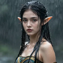 hyper-realistic portrait of beautiful high-fantasy elf girl standing drenched in the rain, intricate details, rule of thirds, by Stanley Artgerm Lau, by greg rutkowski, by thomas kindkade, by alphonse mucha, loish, by norman rockwell J.