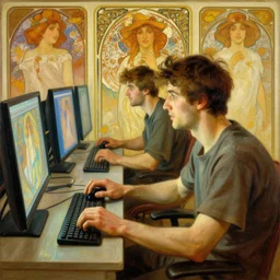 attractive man playing video games, painting by gaston bussiere, craig mullins, greg rutkowski, alphonse mucha