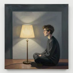 a man sitting on the floor in front of a lamp, a surrealist painting by Syd Barrett, cg society, video art, movie still, reimagined by industrial light and magic, pre-raphaelite
