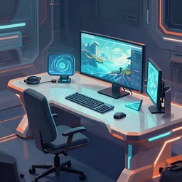 futuristic computer workstation art style by krenz cushart