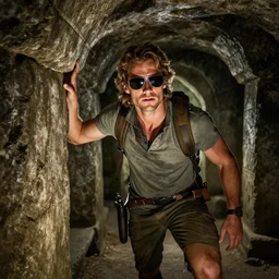 picture of epic hero adventurer wearing sunglasses exploring the crypt, good lighted photo, sharp details, detailed, hd, hdr