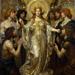 hyper realistic painting of the spiritual locksmith, gold ornaments, flowing fabric, intrincate detail, detailed faces by wayne barlowe, gustav moreau, goward, gaston bussiere and roberto ferri, santiago caruso, and austin osman spare, ( ( ( ( occult art ) ) ) ) bouguereau, alphonse mucha, saturno butto