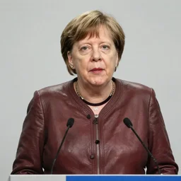 Angela Merkel wearing a leather jacket at a press conference
