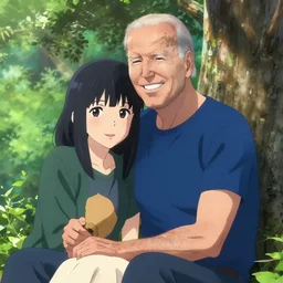 photorealistic Joe Biden meets a beautiful smiling anime girl with black hair and hime cut sitting under a tree, anime key visual, digital art, anime screenshot, kyoto animation, makoto shinkai, trending on artstation