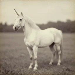 1800s photograph of a white unicorn in a field, faded, blurry, faded, blurry, faded, blurry, unclear, nature