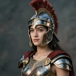 portrait of beautiful young woman dressed gladiator with helmet and armor, color photograph by steve mccurry
