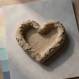 3d render of a rough clay heart shape in the middle of a gray sheet of paper, range of pastel colors on the left side