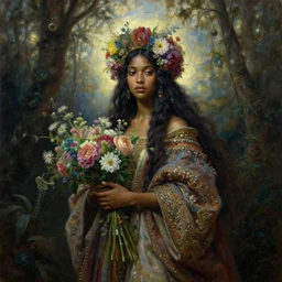 portrait oil painting, an ethereal young dark woman, forest setting, floral headdress, flowers, holding a bouquet of flowers, long flowing hair, ornate robe, ultra realistic, wide angle, intricate details, artifacts, luminous skies, highly detailed, michael cheval, peter mohrbacher, boris vallejo, jessica rossier, oil painting, highly detailed, cinematic lighting