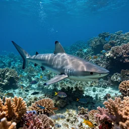 coral reef with fish and sharks hyper realistic, volumetric lighting cinematic shadows