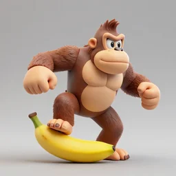 Donkey Kong stepping on a banana, 3D render, detailed clay model