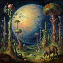 the landscape of an alien planet with strange plants and impossible animals. Painting in the style of Caravaggio. Beautiful and colorful.