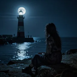 folk horror art style depiction of a woman sitting by a harbour. lighthouse. night full moon. glowing