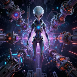 an alien battle in space, epic, intricate, ultra detailed, intricate, 8 k, neon colors, in the style of mark cooper