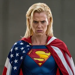 portrait of a evil blonde superhero two sides hair and thin face lines, his cape is the american flag, he is angry, his costume is blue with yellow eagles head on the shoulders, 8 k, hyper realistic, movie imax shot, film, cinematography, red