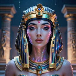 a cyberpunk close up portrait of enchanting cyborg cleopatra, electricity, rainbow, sparks, bokeh, soft focus, sparkling, glisten, water drops, cold, dark, geometric, temples behind her, by paul lehr, jesper ejsing