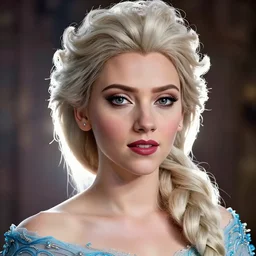 Beautiful elsa, Scarlett Johansson,, Dramatic, Edge, Good, Infused, Backlight, De-Noise, VFX, insanely detailed and intricate, hypermaximalist, facial ,elegant, ornate, hyper realistic, super detailed, by Anthony Van Dyck, by Ivan Shishkin, by John Constable
