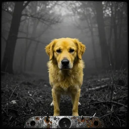 yellow dog man scary monster pointy rusty trailcam footage, liminal, black and white, uncanny valley, foggy, creepypasta, scary nightmare fuel