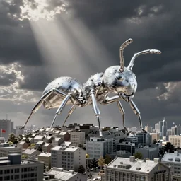 huge ant's head made by silver flying on the top of city town, hi - res camera shot