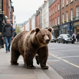 brown bear chasing tourist on O'Connell street, Dublin city, hidden camera, photograph, 8k