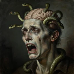 a painting of a decapitated crying man's withered face with biting serpents swarming out of his brain, a surrealist painting, polycount, surrealism, surrealist, sabattier filter, lovecraftian, cosmic horror