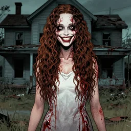 artgerm, joshua middleton comic cover art, pretty serial killer maika monroe full body, creepy smiling, covered in blood, symmetrical eyes, symmetrical face, long curly brown hair, standing in front of an abandoned house background
