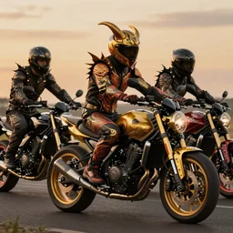 infernal motorbikers, atmospheric lighting, painted, intricate, golden hour, ultra detailed by philippe druillet