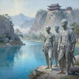 a gorgeous painting by barlowe wayne maxfield parrish and marco mazzoni. sapa in china. sunny morning. grey blue. ultra clear detailed. 3 d, octane render. glowing lake. 8 k