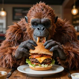 anthropomorphic yeti eating a cheesburger