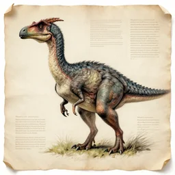 professional vintage colored sketch of a feathered dinosaur with full descriptions, on parchment, 8K, HD, highly detailed, high quality