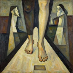 footsteps leading a path forward, abstract art in the style of lenardo da vinci and cubism,
