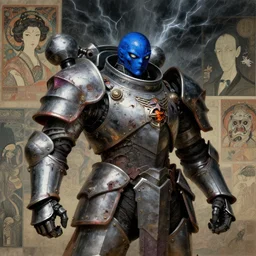composition of gothic and futuristic, warhammer, cyber japan style armor, more and more scars, thunderstorm, blue head, water eyes, some purple and orange, the middle ages, highly detailed, artstation, in the style of moebius, jugendstil and classic japanese print, art by rene magritte and max ernst