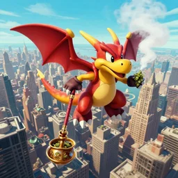 spyro the dragon smoking weed out of a water pipe while flying over new york city n - 9