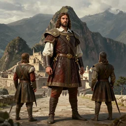 1 5 th century spanish conquer francisco pizarro with a inca city in his back, game character concept art, wide view, high detailed, full perfect, symmetrical portrait, high detail, by craig mullins, peter mohrbacher, unreal engine, octane rendered, 8 k, dark beauty, trending on artstation