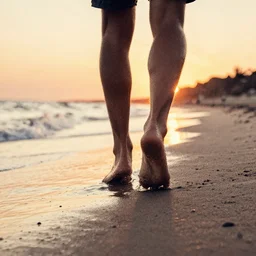 feet walking on the shore of the beach, sunset, ink brush