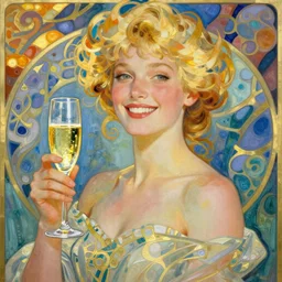 art nouveau, blonde woman, a glass of champagne, cheerful, bright, clear colors, mucha