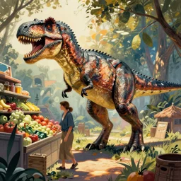a T-Rex going grocery shopping art by alphonse mucha and Monia Merlo and Raymond Swanland
