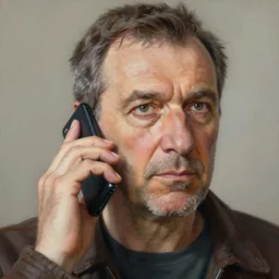 a middle aged bulgarian man holding a cell phone against his ear, close up, rim lighting, portrait. highly detailed painting by greg rutkowski, anime style
